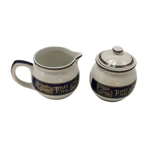 Tetley Tea Lot 2 Cream and Sugar Bowl White Blue Gold  Ceramic 1980s